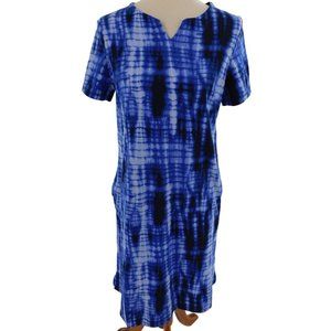 Ellen Tracy Women's Medium Dress T-Shirt Short Sleeves Tie Die Blue Pockets